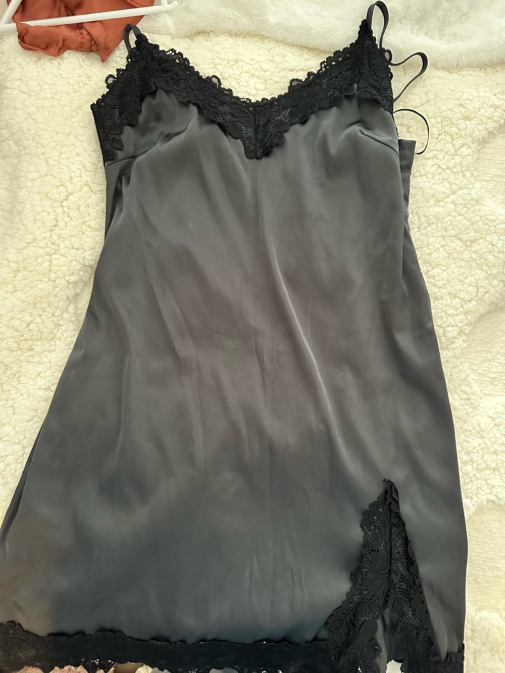 White Fox Boutique Black Satin Slip Dress with Lace Trim
